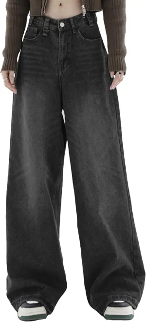 EMMIOL Women Baggy Jeans Wide Leg Mid-Low Waist Jeans Loose Boyfriends Jeans 90s Denim Pants with Pockets