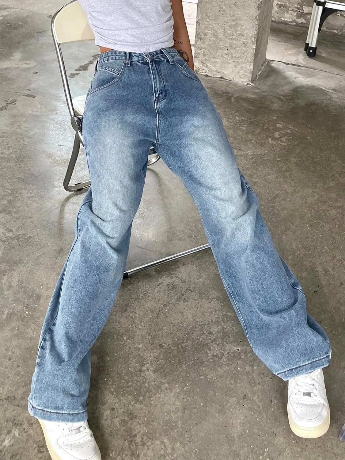 EMMIOL Women Baggy Jeans Wide Leg Mid-Low Waist Jeans Loose Boyfriends Jeans 90s Denim Pants with Pockets