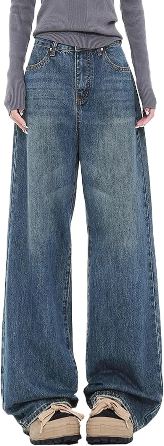 EMMIOL Women Baggy Jeans Wide Leg Mid-Low Waist Jeans Loose Boyfriends Jeans 90s Denim Pants with Pockets