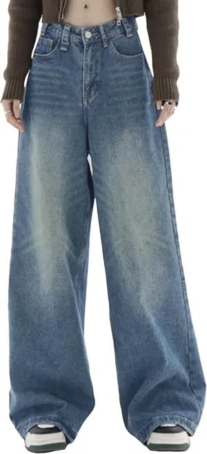 EMMIOL Women Baggy Jeans Wide Leg Mid-Low Waist Jeans Loose Boyfriends Jeans 90s Denim Pants with Pockets