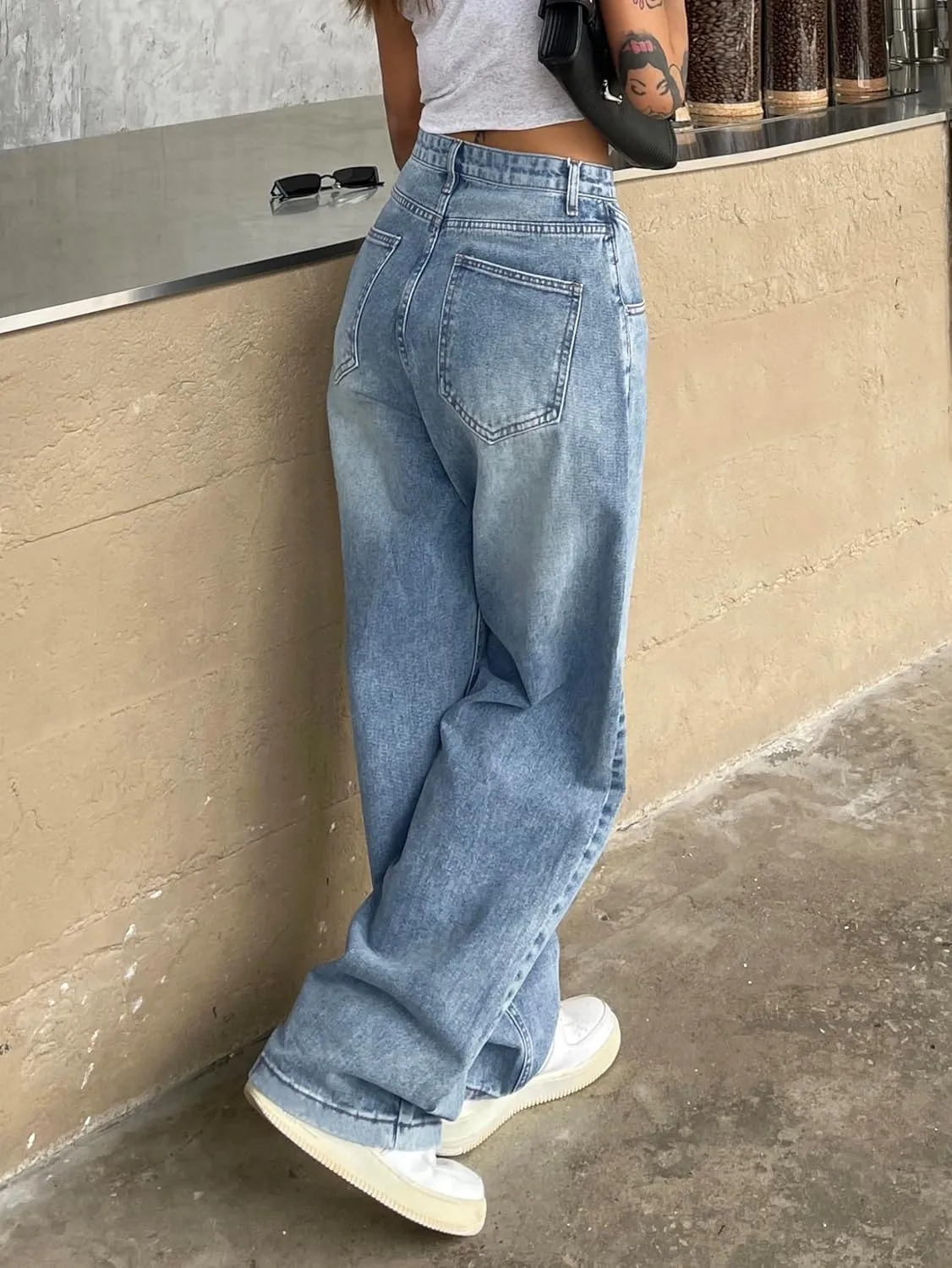 EMMIOL Women Baggy Jeans Wide Leg Mid-Low Waist Jeans Loose Boyfriends Jeans 90s Denim Pants with Pockets
