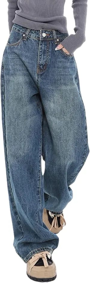EMMIOL Women Baggy Jeans Wide Leg Mid-Low Waist Jeans Loose Boyfriends Jeans 90s Denim Pants with Pockets