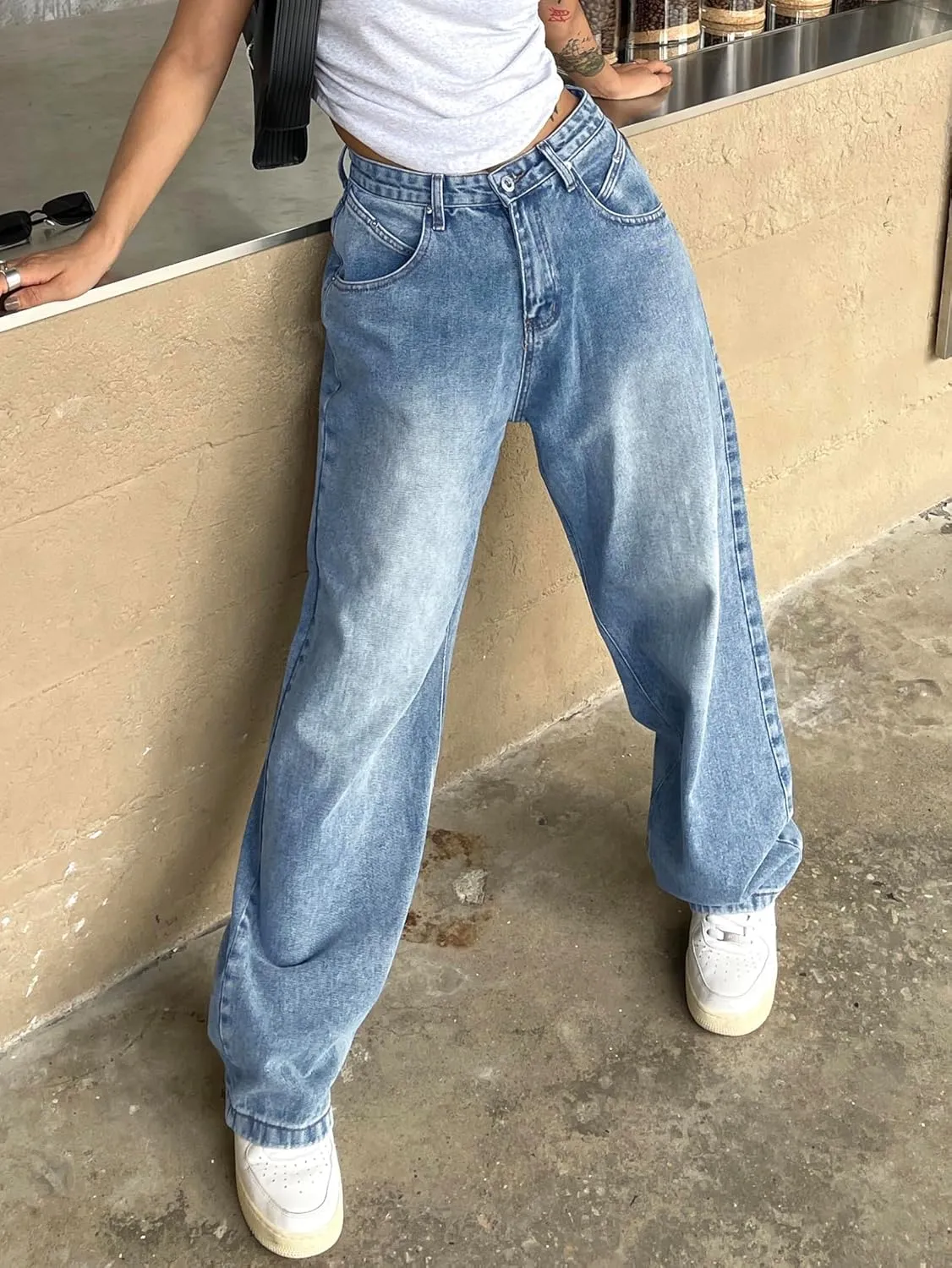 EMMIOL Women Baggy Jeans Wide Leg Mid-Low Waist Jeans Loose Boyfriends Jeans 90s Denim Pants with Pockets