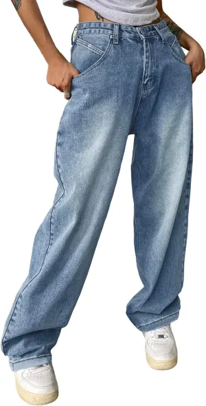 EMMIOL Women Baggy Jeans Wide Leg Mid-Low Waist Jeans Loose Boyfriends Jeans 90s Denim Pants with Pockets