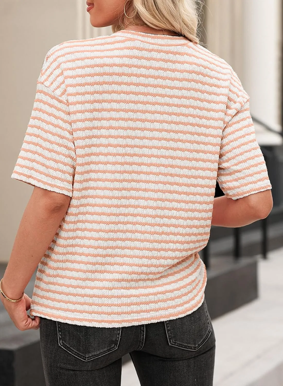 EVALESS Womens Oversized Shirts Summer Tops V Neck Short Sleeve Striped Tee Shirt
