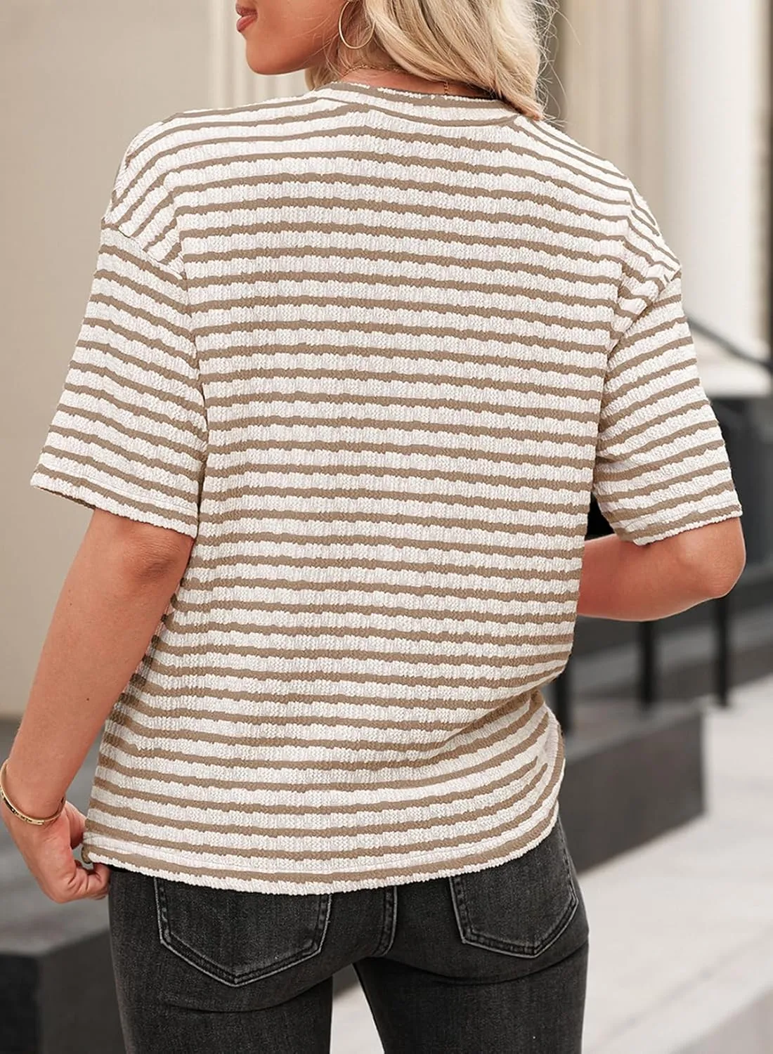 EVALESS Womens Oversized Shirts Summer Tops V Neck Short Sleeve Striped Tee Shirt