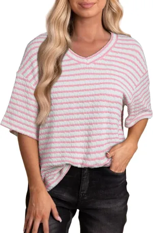 EVALESS Womens Oversized Shirts Summer Tops V Neck Short Sleeve Striped Tee Shirt