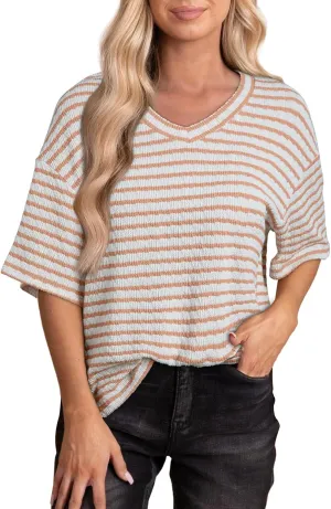 EVALESS Womens Oversized Shirts Summer Tops V Neck Short Sleeve Striped Tee Shirt
