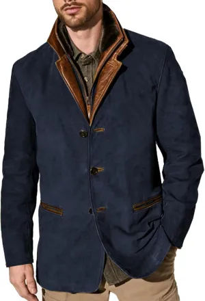 evzosrz Mens Western Jackets Fleece Vintage Faux Suede Leather Jacket 1/4 Zipper Button Winter Coat Casual Retro Outerwear