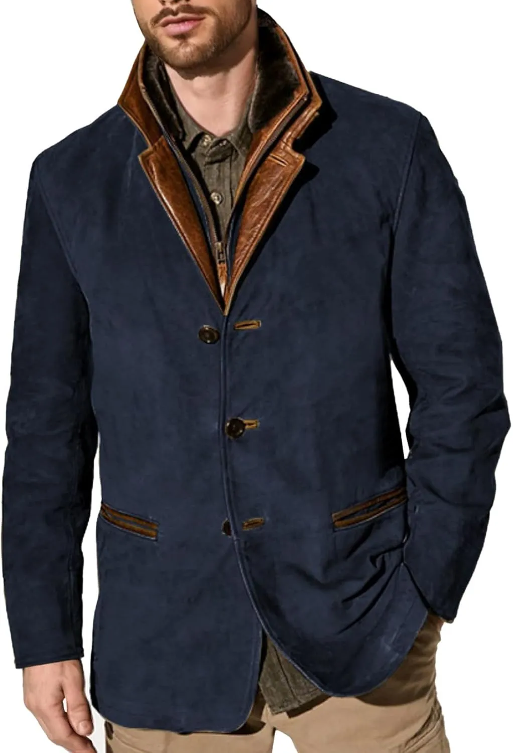 evzosrz Mens Western Jackets Fleece Vintage Faux Suede Leather Jacket 1/4 Zipper Button Winter Coat Casual Retro Outerwear