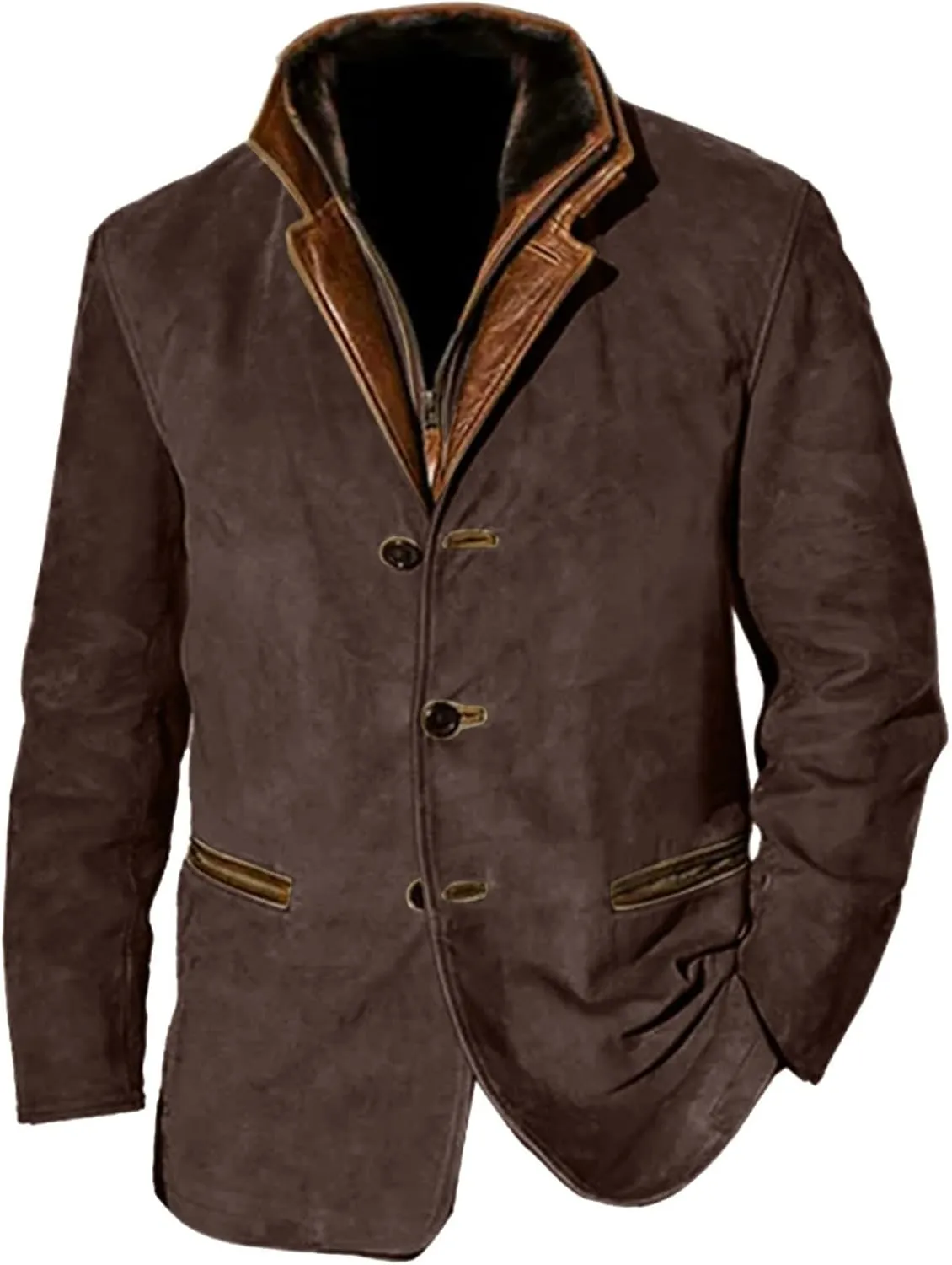 evzosrz Mens Western Jackets Fleece Vintage Faux Suede Leather Jacket 1/4 Zipper Button Winter Coat Casual Retro Outerwear