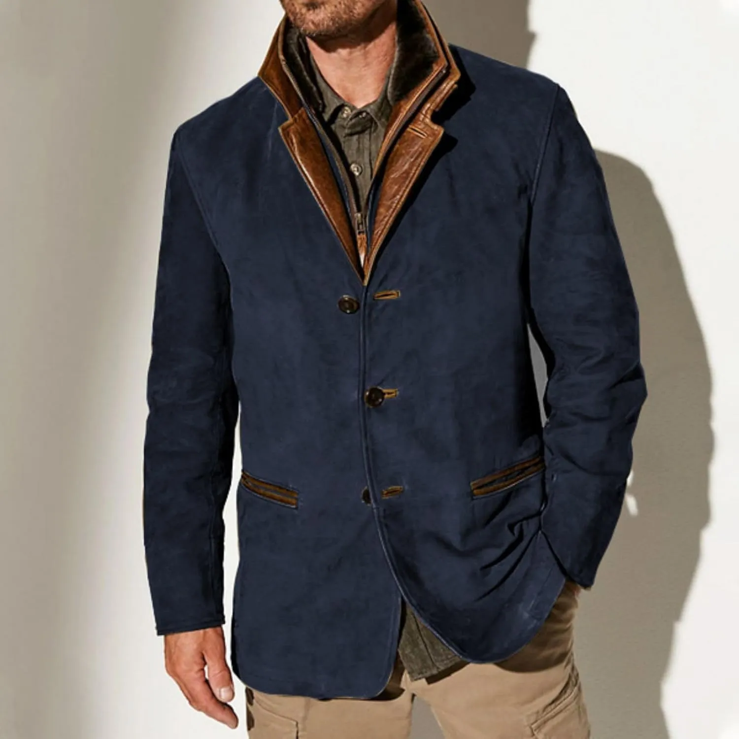 evzosrz Mens Western Jackets Fleece Vintage Faux Suede Leather Jacket 1/4 Zipper Button Winter Coat Casual Retro Outerwear