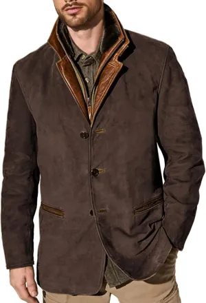 evzosrz Mens Western Jackets Fleece Vintage Faux Suede Leather Jacket 1/4 Zipper Button Winter Coat Casual Retro Outerwear