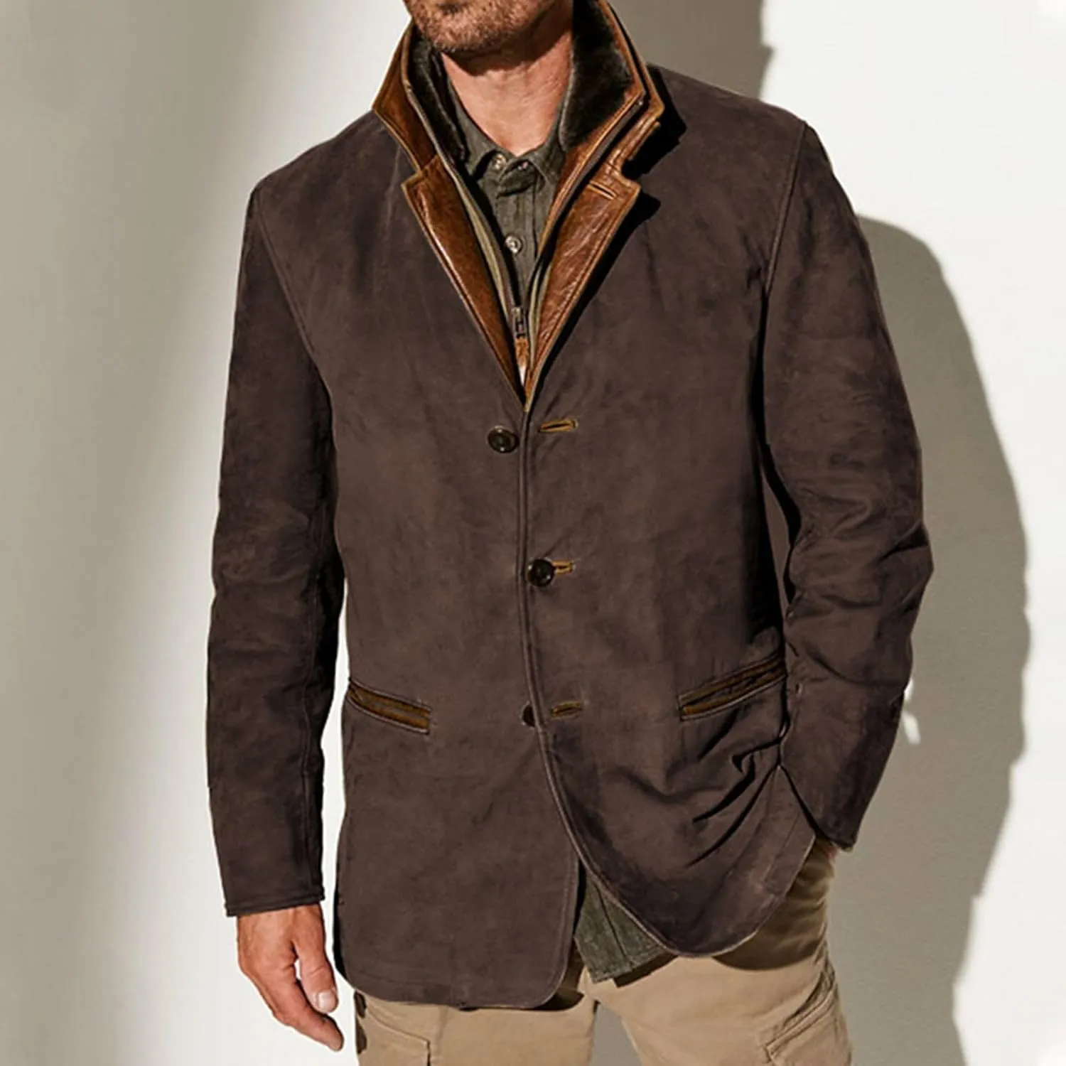 evzosrz Mens Western Jackets Fleece Vintage Faux Suede Leather Jacket 1/4 Zipper Button Winter Coat Casual Retro Outerwear