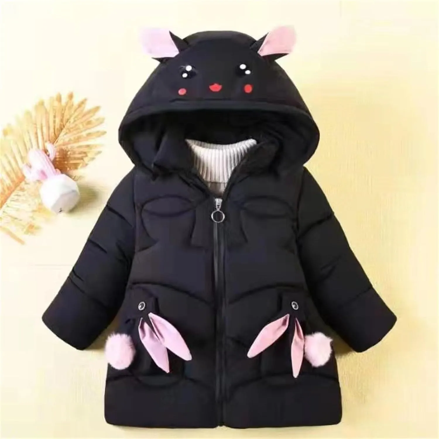 Fall Girls Winter Coats Faux  Hooded Rabbit Style Warm Cotton Padded Down Jacket Snowsuit for Toddler Girl