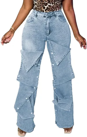 Famnbro Womens Baggy Cargo Jeans Y2K High Waisted Straight Wide Leg Detachable Denim Jeans