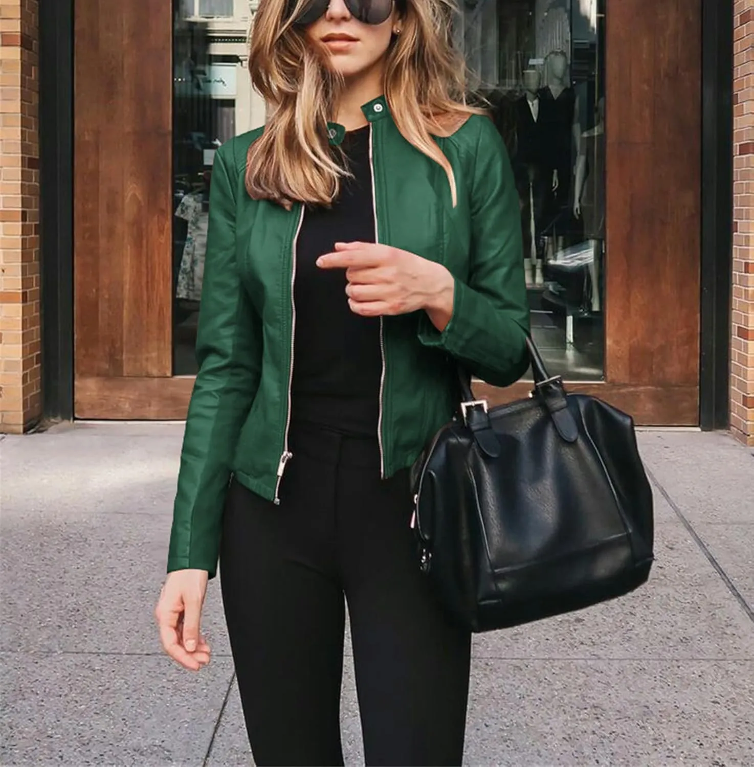 Faux Leather Jacket for Women Zip Up PU Bomber Jacket Casual Long Sleeve Vintage Coats Cropped Slim Motorcycle Coat