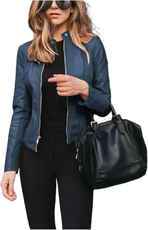Faux Leather Jacket for Women Zip Up PU Bomber Jacket Casual Long Sleeve Vintage Coats Cropped Slim Motorcycle Coat