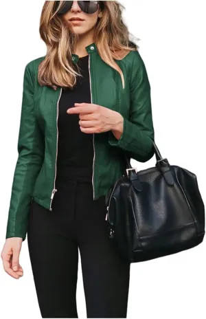 Faux Leather Jacket for Women Zip Up PU Bomber Jacket Casual Long Sleeve Vintage Coats Cropped Slim Motorcycle Coat