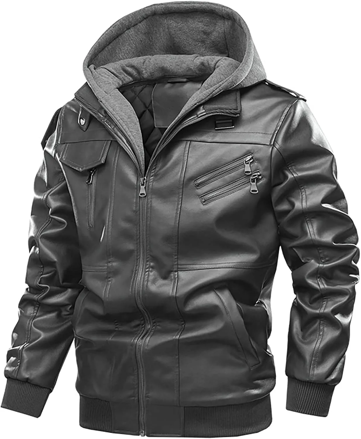 Faux Leather Jacket Men,Bomber Motorcycle Jacket Coats Zipper Slim Sherpa Lined Winter Warm Outwear with Pocket