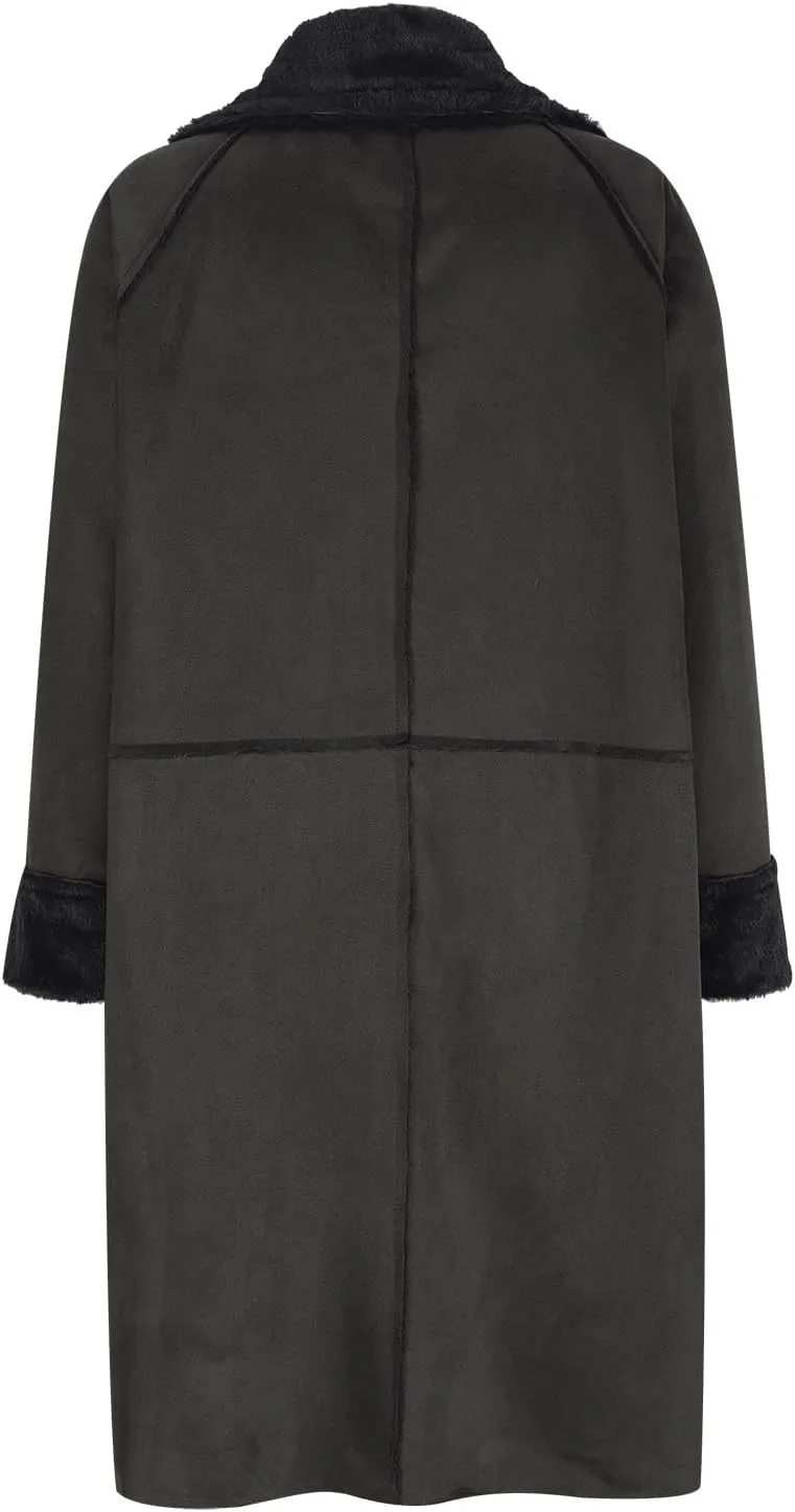 Faux Suede Leather Women Fleece Lined Jackets Notched Lapel Winter Coats Fuzzy Sherpa Long Trench Coat Warm Overcoat