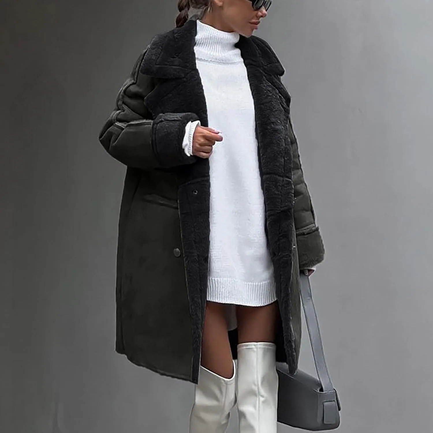Faux Suede Leather Women Fleece Lined Jackets Notched Lapel Winter Coats Fuzzy Sherpa Long Trench Coat Warm Overcoat