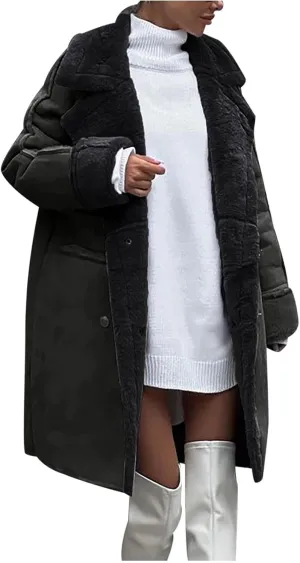 Faux Suede Leather Women Fleece Lined Jackets Notched Lapel Winter Coats Fuzzy Sherpa Long Trench Coat Warm Overcoat