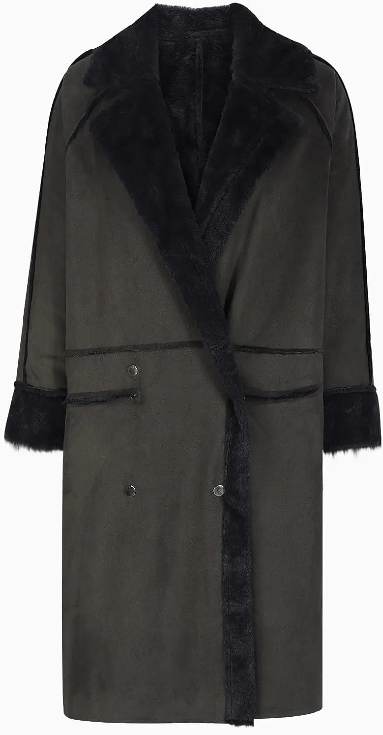 Faux Suede Leather Women Fleece Lined Jackets Notched Lapel Winter Coats Fuzzy Sherpa Long Trench Coat Warm Overcoat