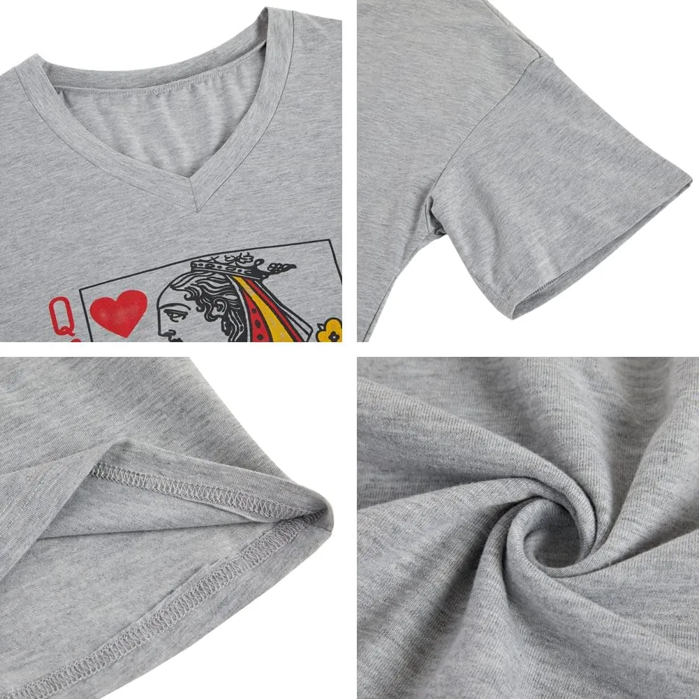 Fazortev Womens Oversized Queen Of Hearts Graphic T Shirts Casual V Neck Half Sleeve Summer Loose Tees Tunic Tops