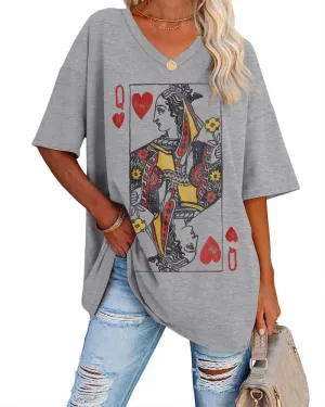 Fazortev Womens Oversized Queen Of Hearts Graphic T Shirts Casual V Neck Half Sleeve Summer Loose Tees Tunic Tops