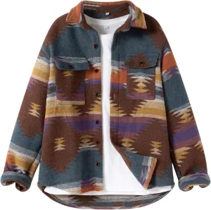FindThy Mens Brushed Flannel Shirts Ethnic Aztec Print Button Up Lapel Tribal Shirt Jacket Shacket