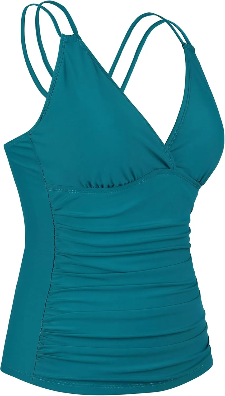 Firpearl Women's Underwire Tankini Top Only V Neck Strappy Back Swimsuit Ruched Tummy Control Bathing Suits Top