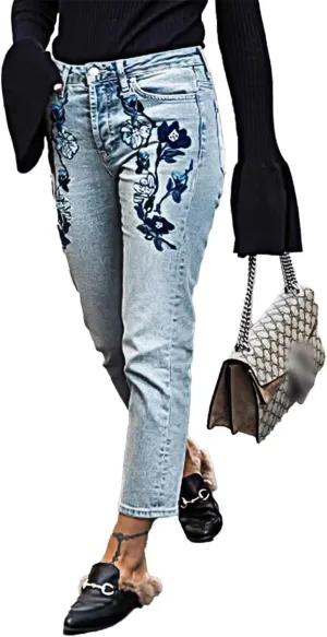 Flamingals Straight Leg Mid Rise Casual Cropped Jeans Wash Floral Embroidery Denim Jeans