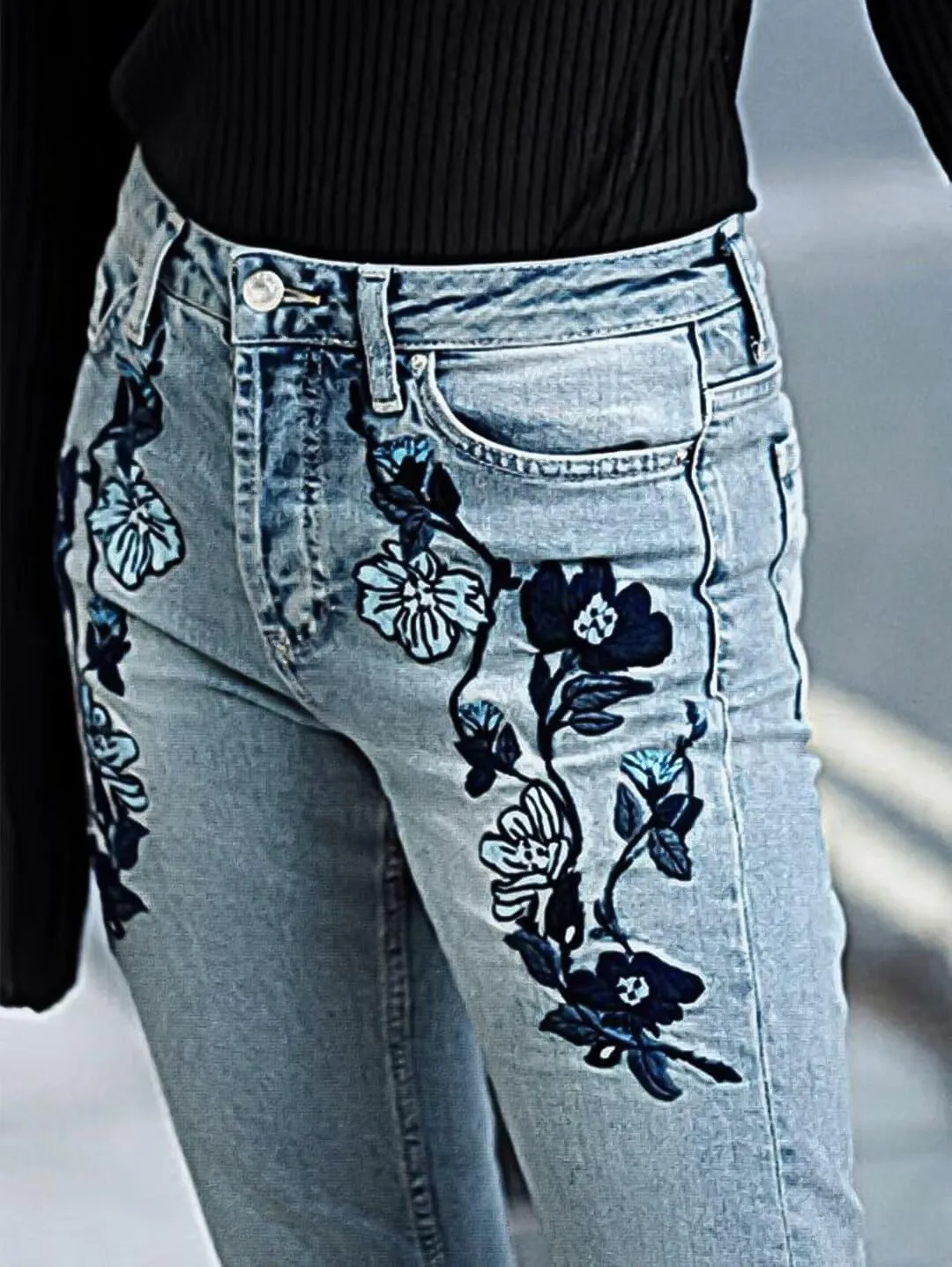 Flamingals Straight Leg Mid Rise Casual Cropped Jeans Wash Floral Embroidery Denim Jeans