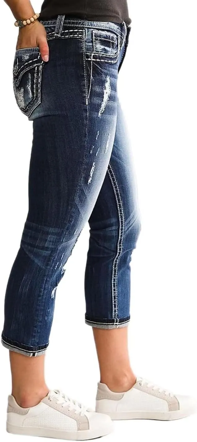 Flamingals Women's Capri Jeans Curvy Skinny Stretchy Butt Lifting Jeans Ripped Denim Jeans