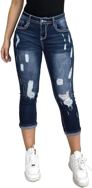 Flamingals Women's Capri Jeans Curvy Skinny Stretchy Butt Lifting Jeans Ripped Denim Jeans