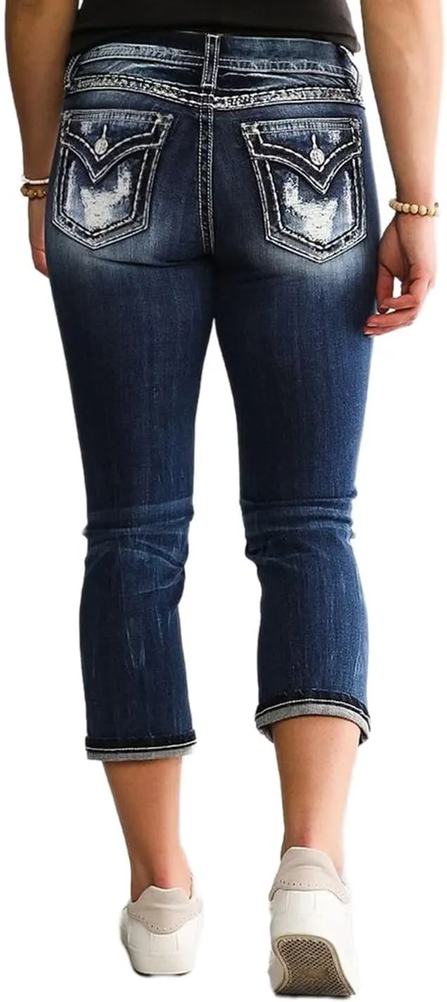 Flamingals Women's Capri Jeans Curvy Skinny Stretchy Butt Lifting Jeans Ripped Denim Jeans