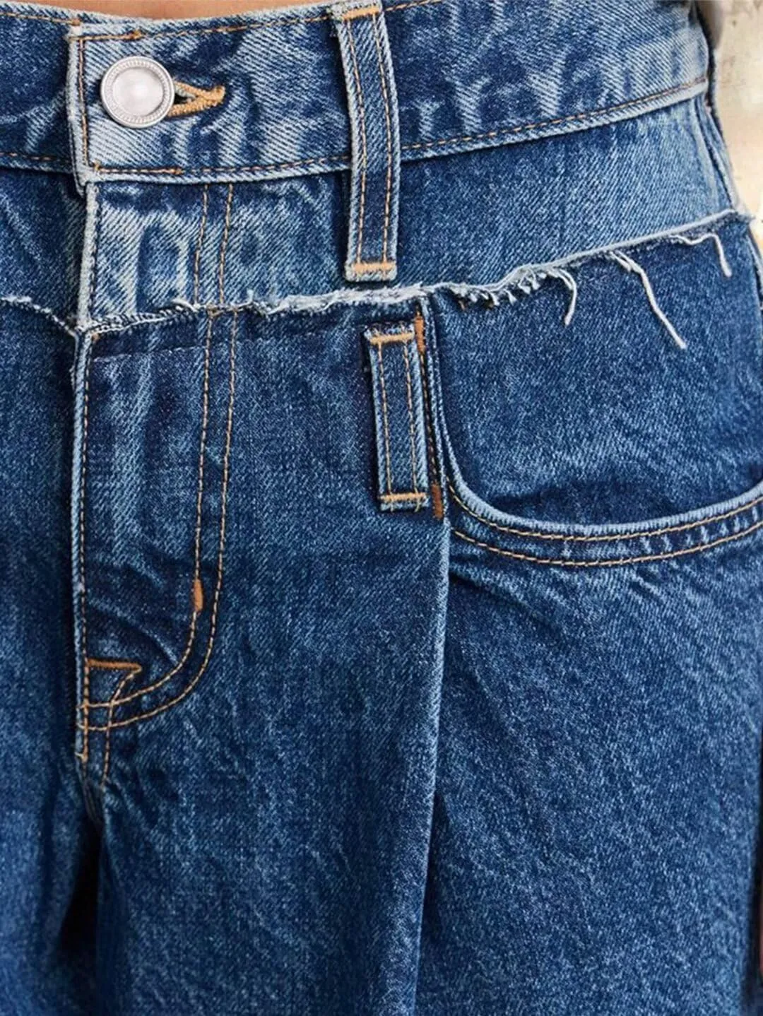 Flamingals Women's Wide Leg Baggy Jeans Mid Waisted Boyfriend Stretchy Pleated Detail Denim Jeans