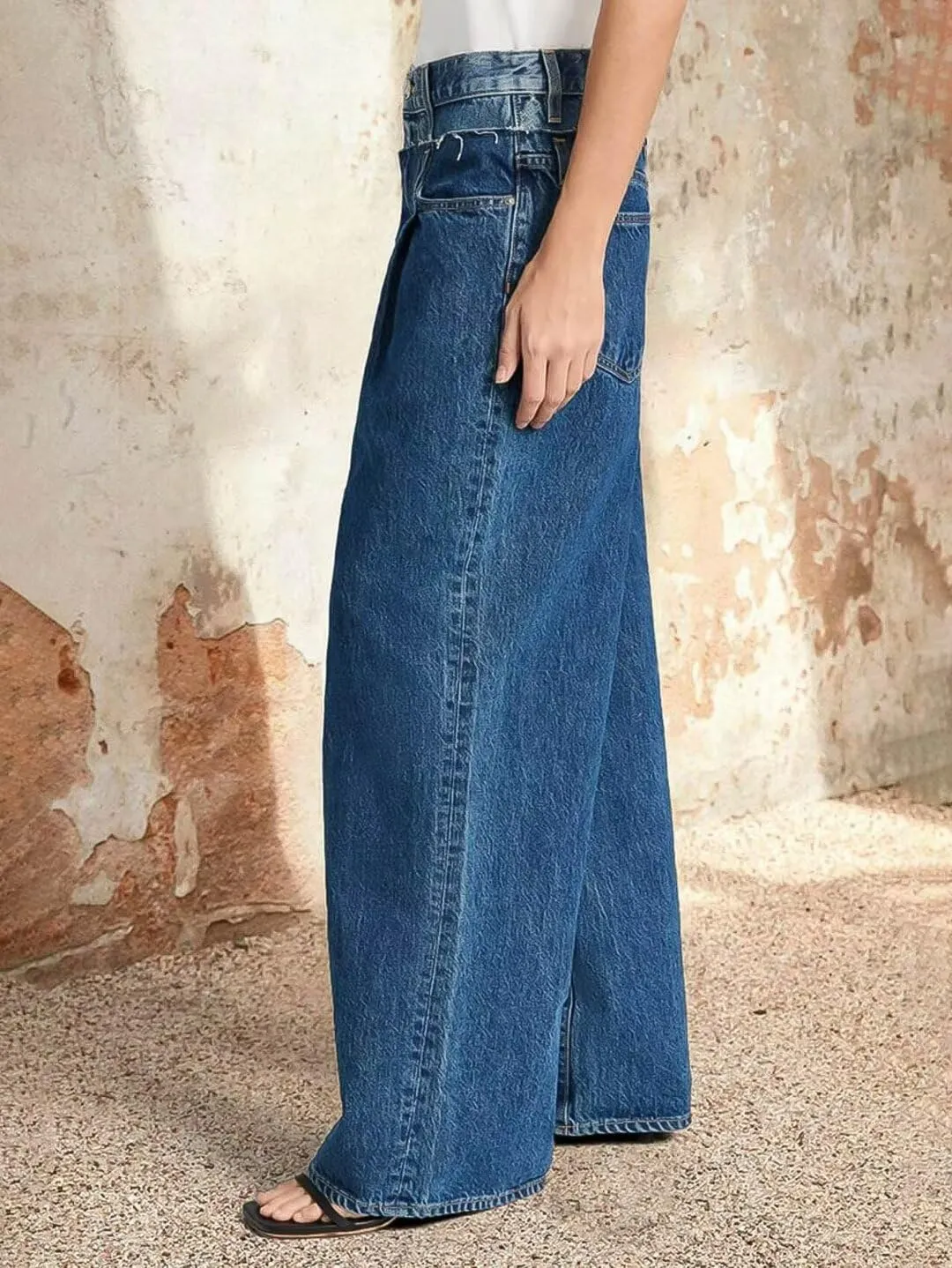 Flamingals Women's Wide Leg Baggy Jeans Mid Waisted Boyfriend Stretchy Pleated Detail Denim Jeans