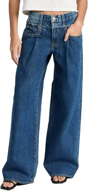 Flamingals Women's Wide Leg Baggy Jeans Mid Waisted Boyfriend Stretchy Pleated Detail Denim Jeans