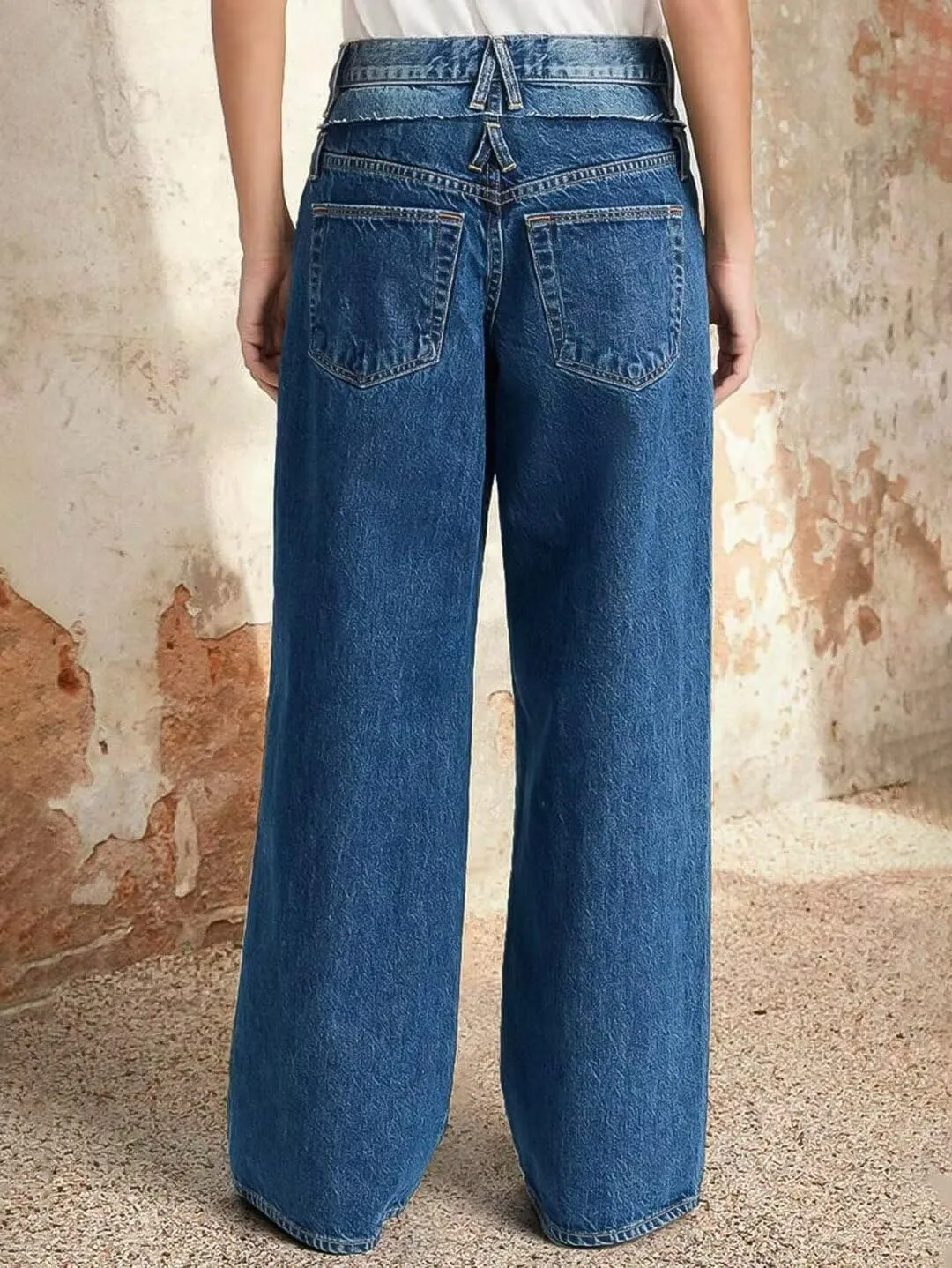 Flamingals Women's Wide Leg Baggy Jeans Mid Waisted Boyfriend Stretchy Pleated Detail Denim Jeans