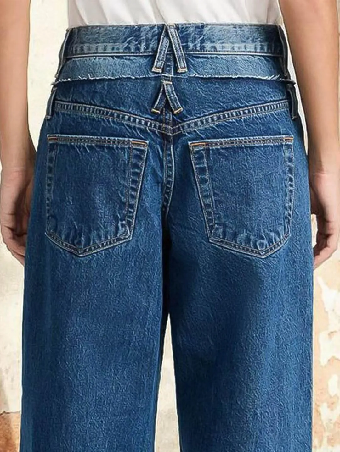 Flamingals Women's Wide Leg Baggy Jeans Mid Waisted Boyfriend Stretchy Pleated Detail Denim Jeans