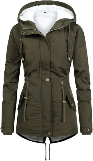 Fleece Lined Winter Jacket Women Drawstring Waist Jacket Hooded Down Coat Plus Size Warm Jacket Military Anorak Jacket