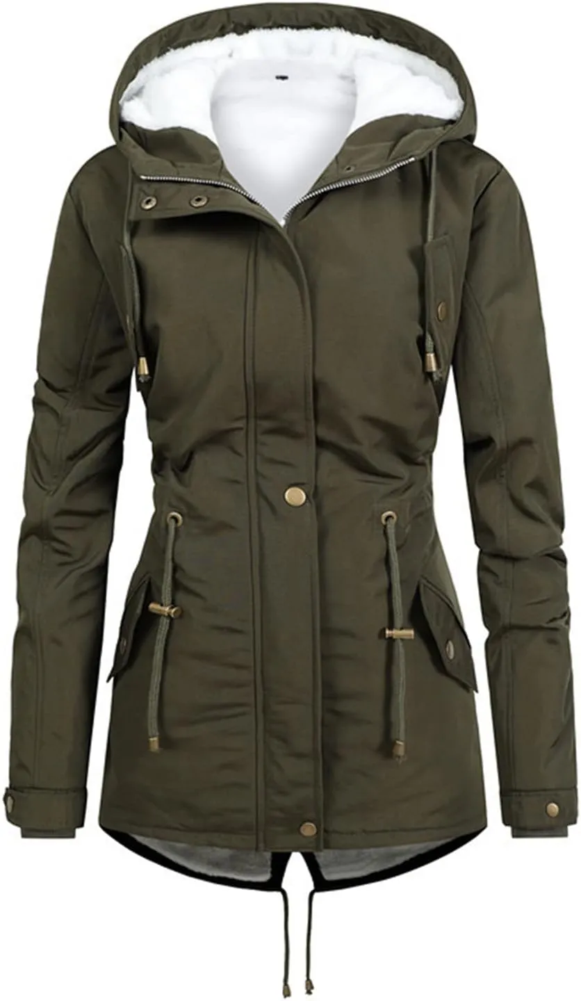Fleece Lined Winter Jacket Women Drawstring Waist Jacket Hooded Down Coat Plus Size Warm Jacket Military Anorak Jacket