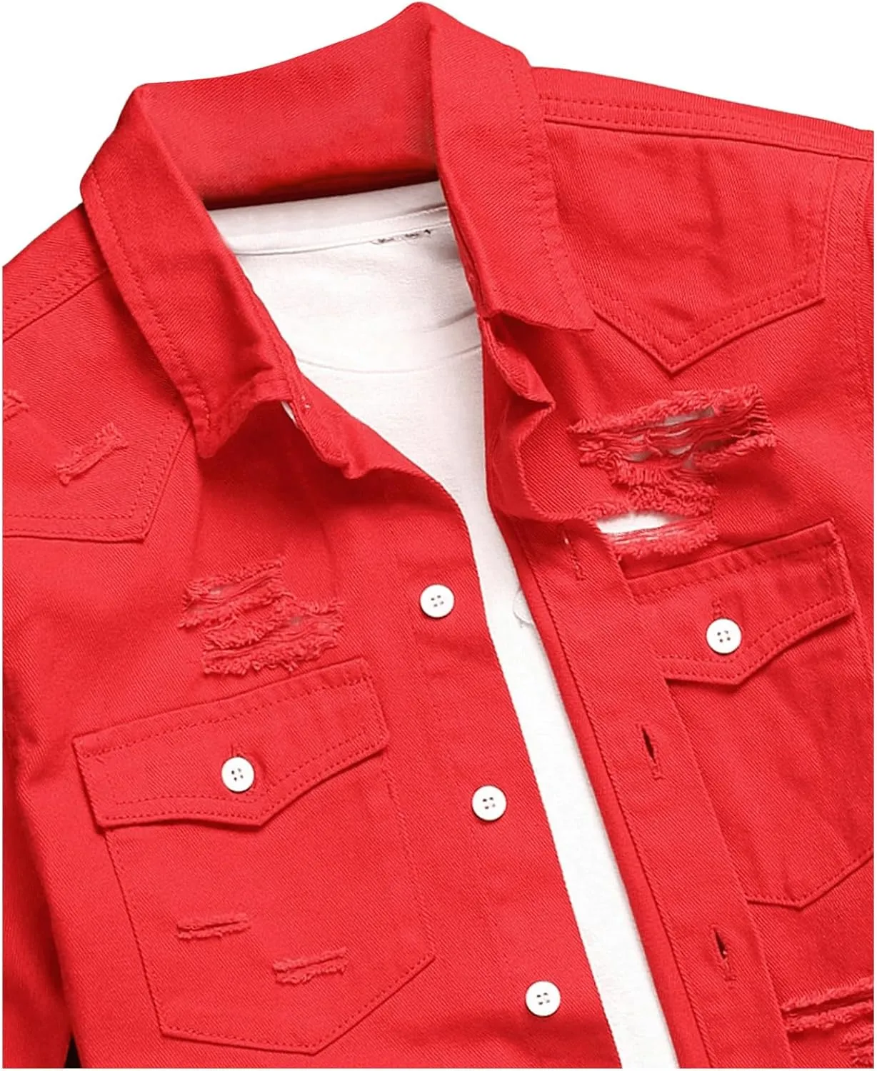 Floerns Men's Causal Ripped Button Front Dual Pocket Short Sleeve Denim Shirt Without Tee