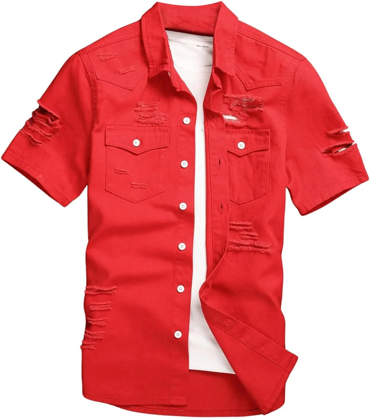 Floerns Men's Causal Ripped Button Front Dual Pocket Short Sleeve Denim Shirt Without Tee