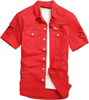 Floerns Men's Causal Ripped Button Front Dual Pocket Short Sleeve Denim Shirt Without Tee