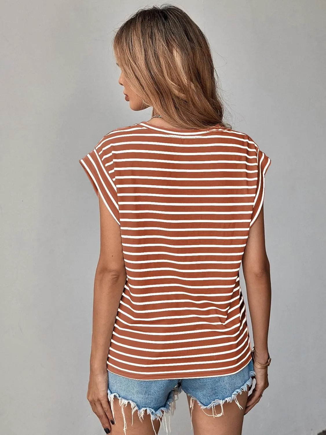 Floerns Women's Casual Stripe Print Cap Sleeve T Shirts Round Neck Tee