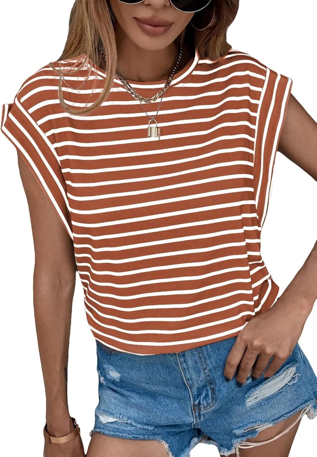 Floerns Women's Casual Stripe Print Cap Sleeve T Shirts Round Neck Tee