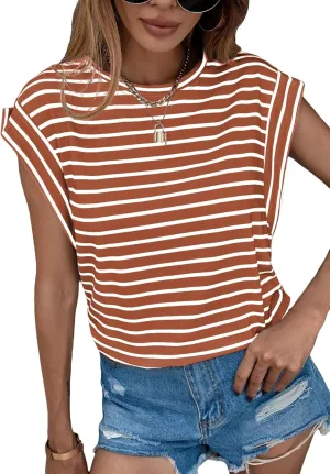Floerns Women's Casual Stripe Print Cap Sleeve T Shirts Round Neck Tee